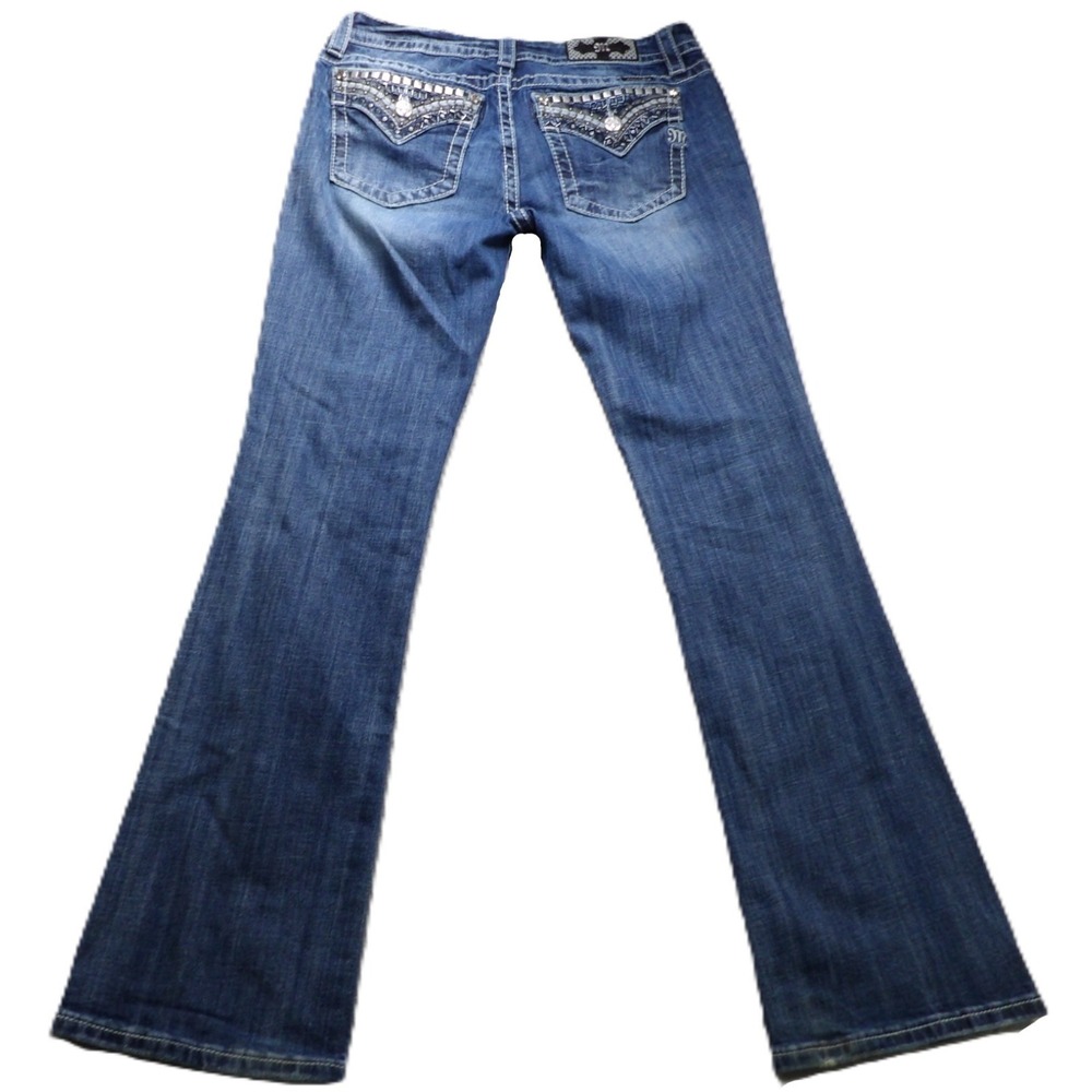 Y2K Miss Me Jeans Women 31 Bootcut Blue Rhinestone Studded Flap Pocket Cowgirl